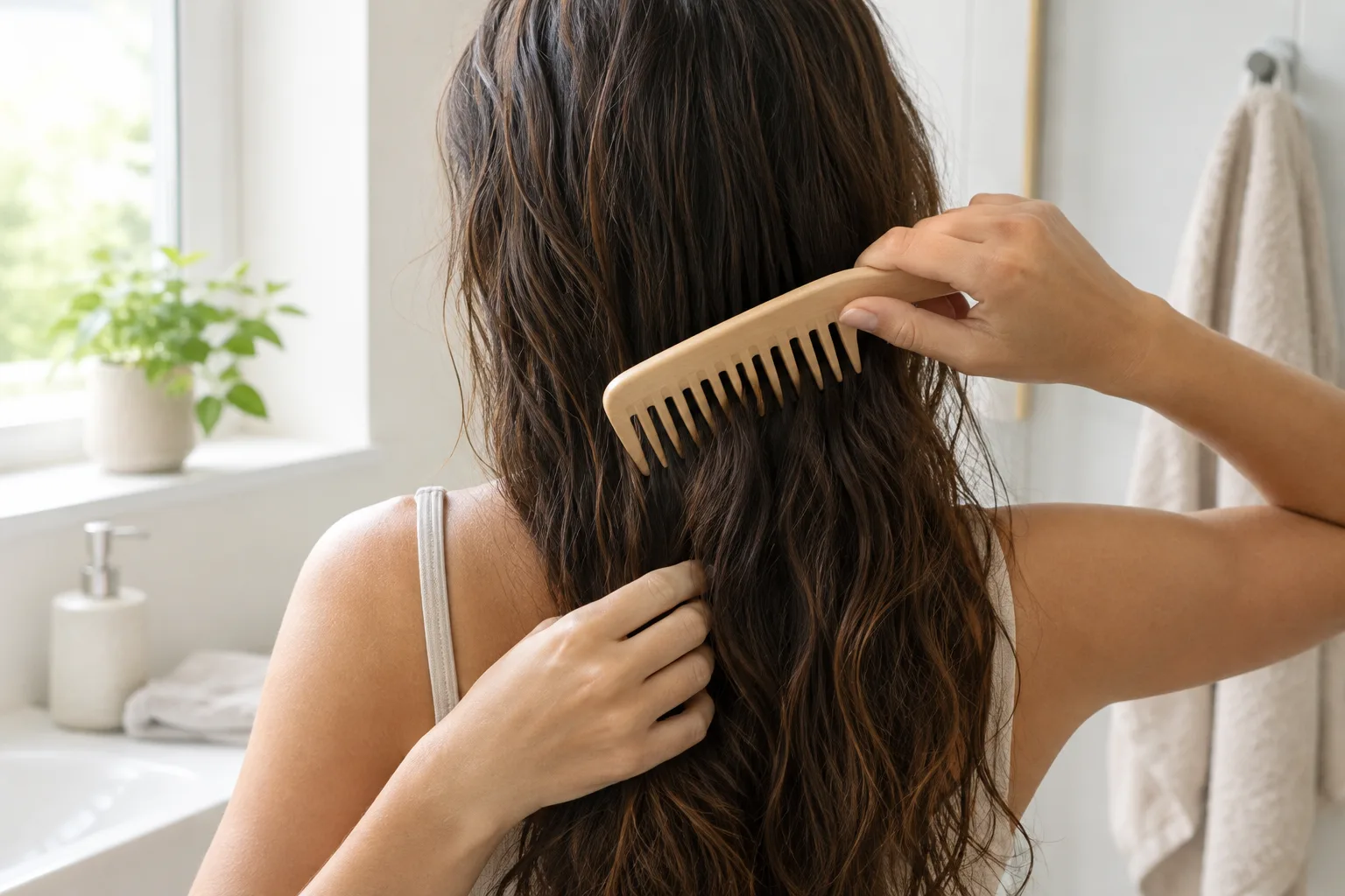 Une femme démêle doucement ses cheveux avec un peigne à dents larges, dans une salle de bains lumineuse.