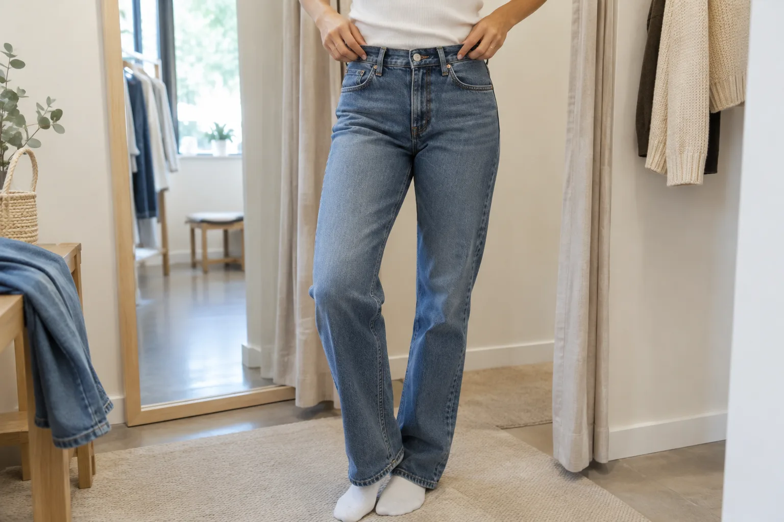 Une femme vérifie la taille d’un jean bleu dans une cabine lumineuse.