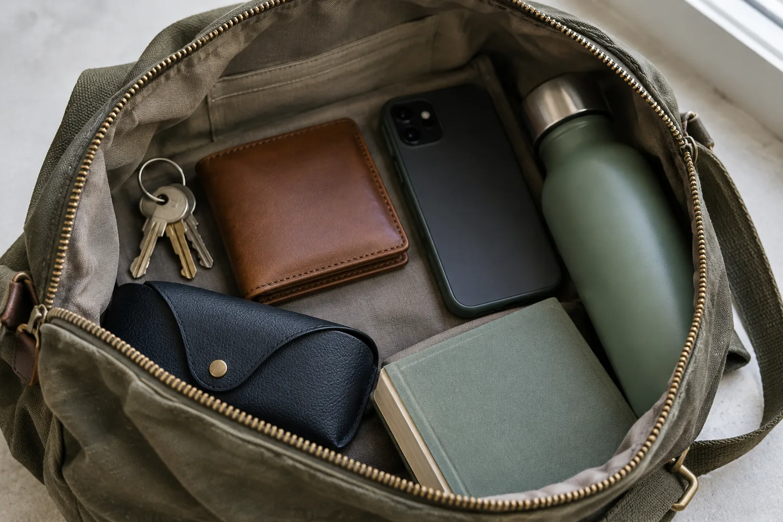 Quelques objets du quotidien rangés dans un sac ouvert.