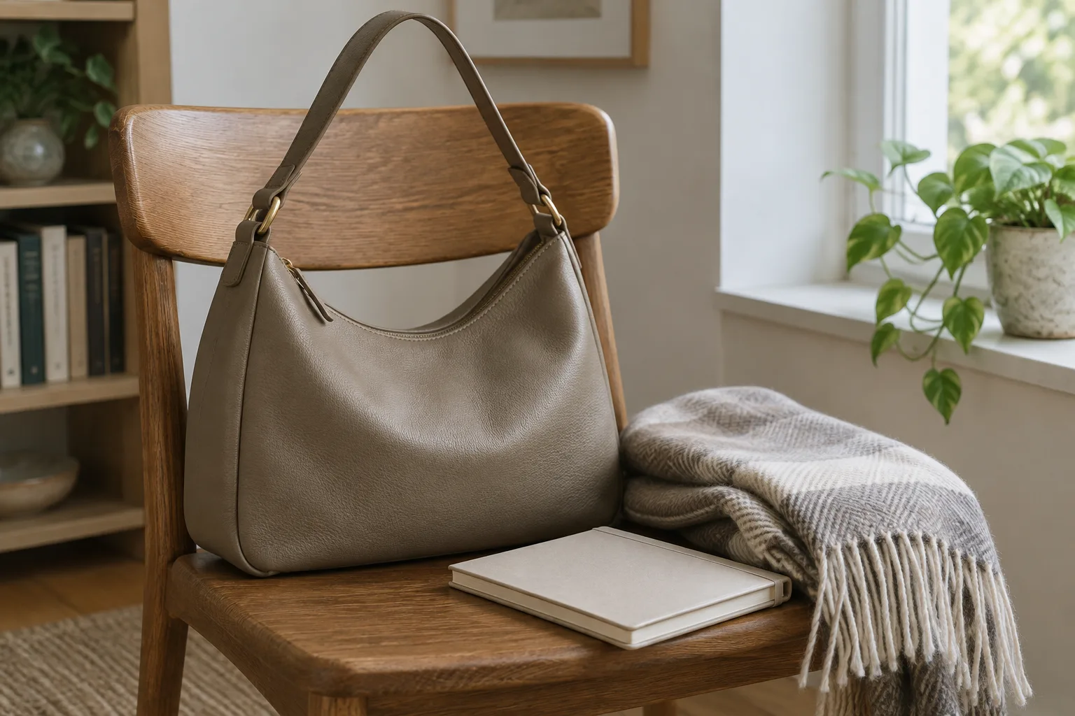 Un sac à bandoulière neutre posé près d’un carnet et d’une écharpe.