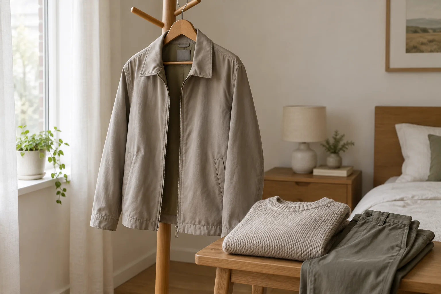 Une veste légère de mi-saison suspendue près d’un pull et d’un pantalon pliés.