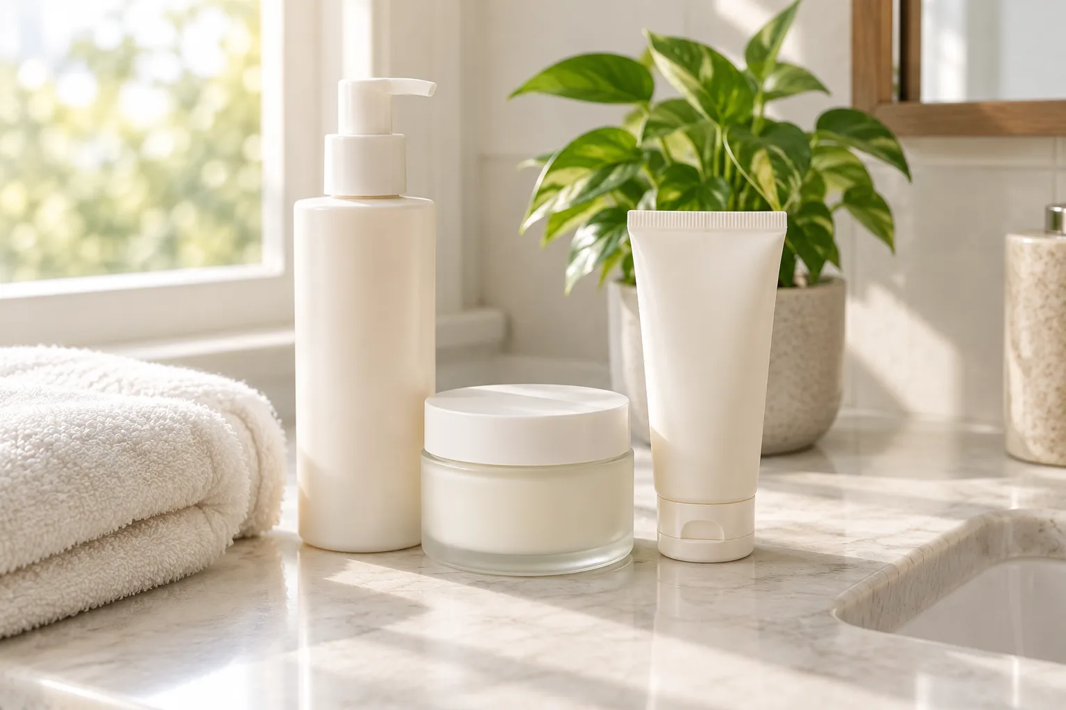 Quelques produits de soin du visage disposés sur un comptoir clair, près d’une serviette et d’une plante.
