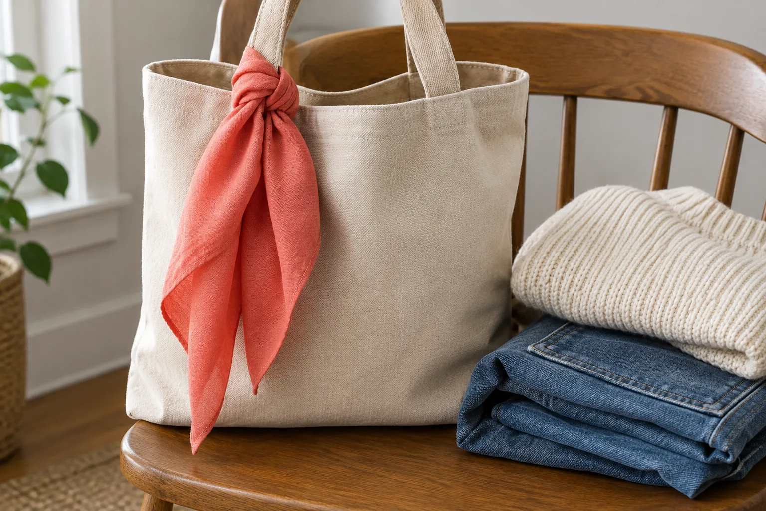 Un foulard corail apporte une petite touche vive à un sac neutre posé près d’un jean.