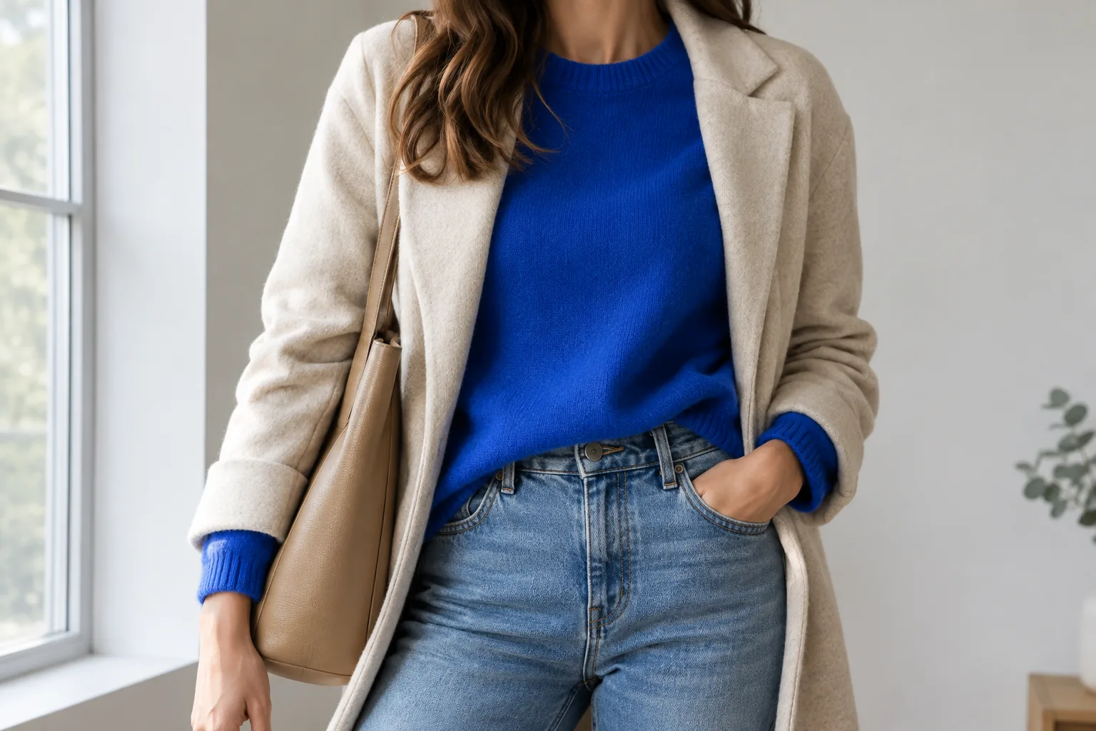 Une tenue du quotidien associe un haut bleu vif à un jean et une veste beige.