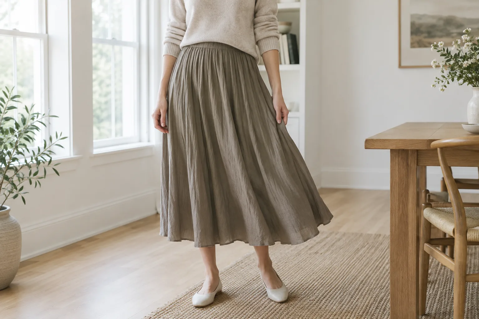 Tenue du quotidien composée d’une jupe midi fluide et d’un haut en maille.