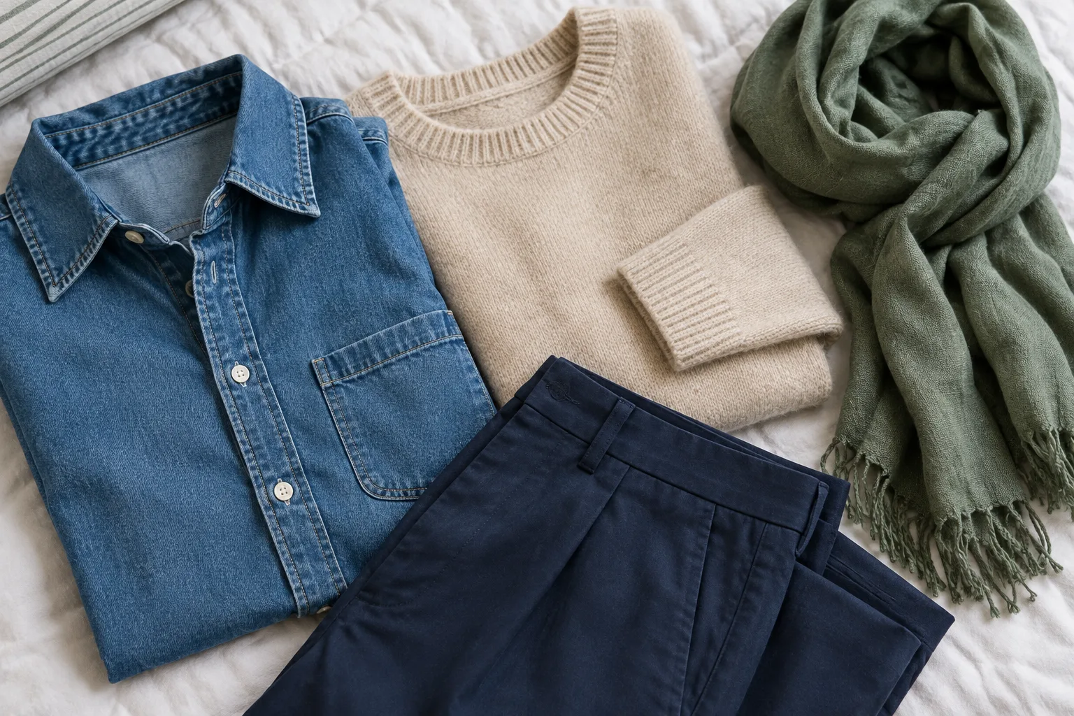 Une chemise en denim, un tricot beige, un pantalon bleu foncé et un foulard vert doux composent une palette facile à associer.