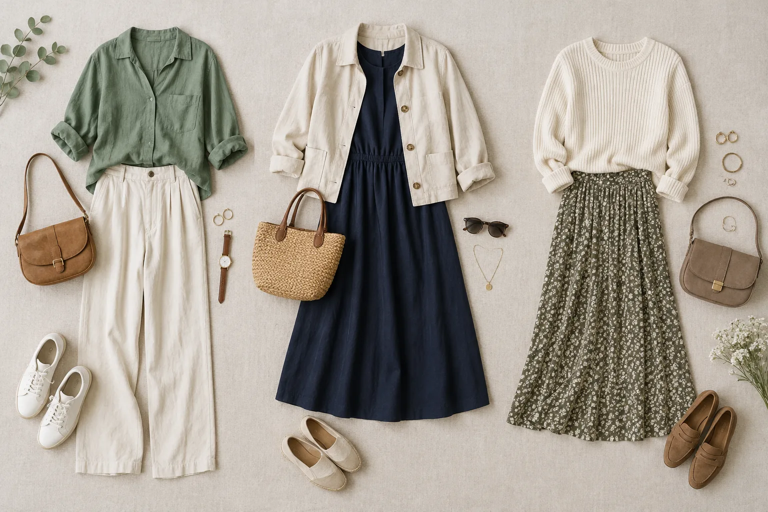 Trois idées de tenues du quotidien associent un pantalon, une robe et une jupe à des hauts et des chaussures confortables.
