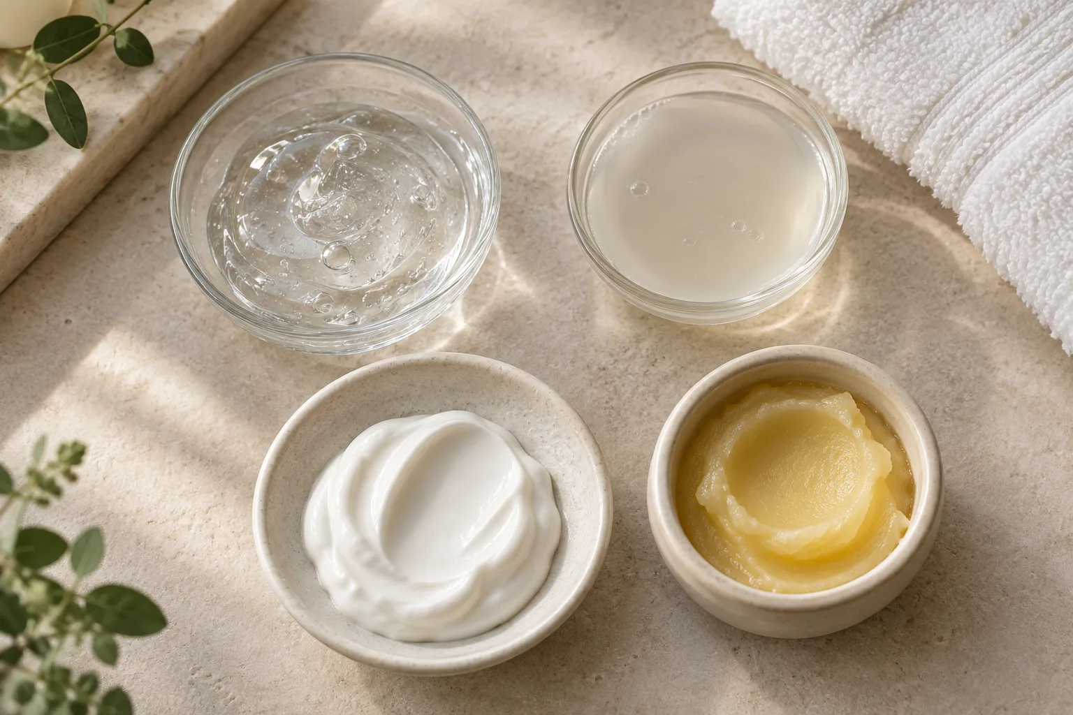 Quatre textures de soin pour le visage, du gel transparent au baume riche, présentées sur un fond neutre.