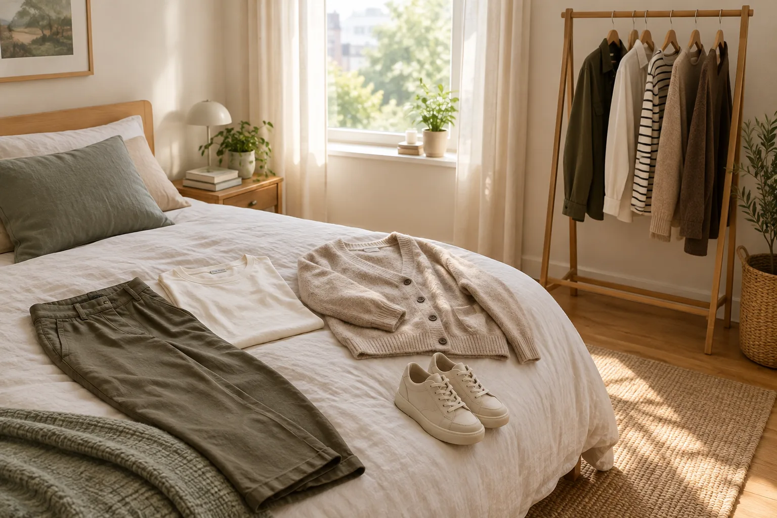 Quelques vêtements du quotidien et une paire de chaussures disposés pour préparer des tenues de la semaine.