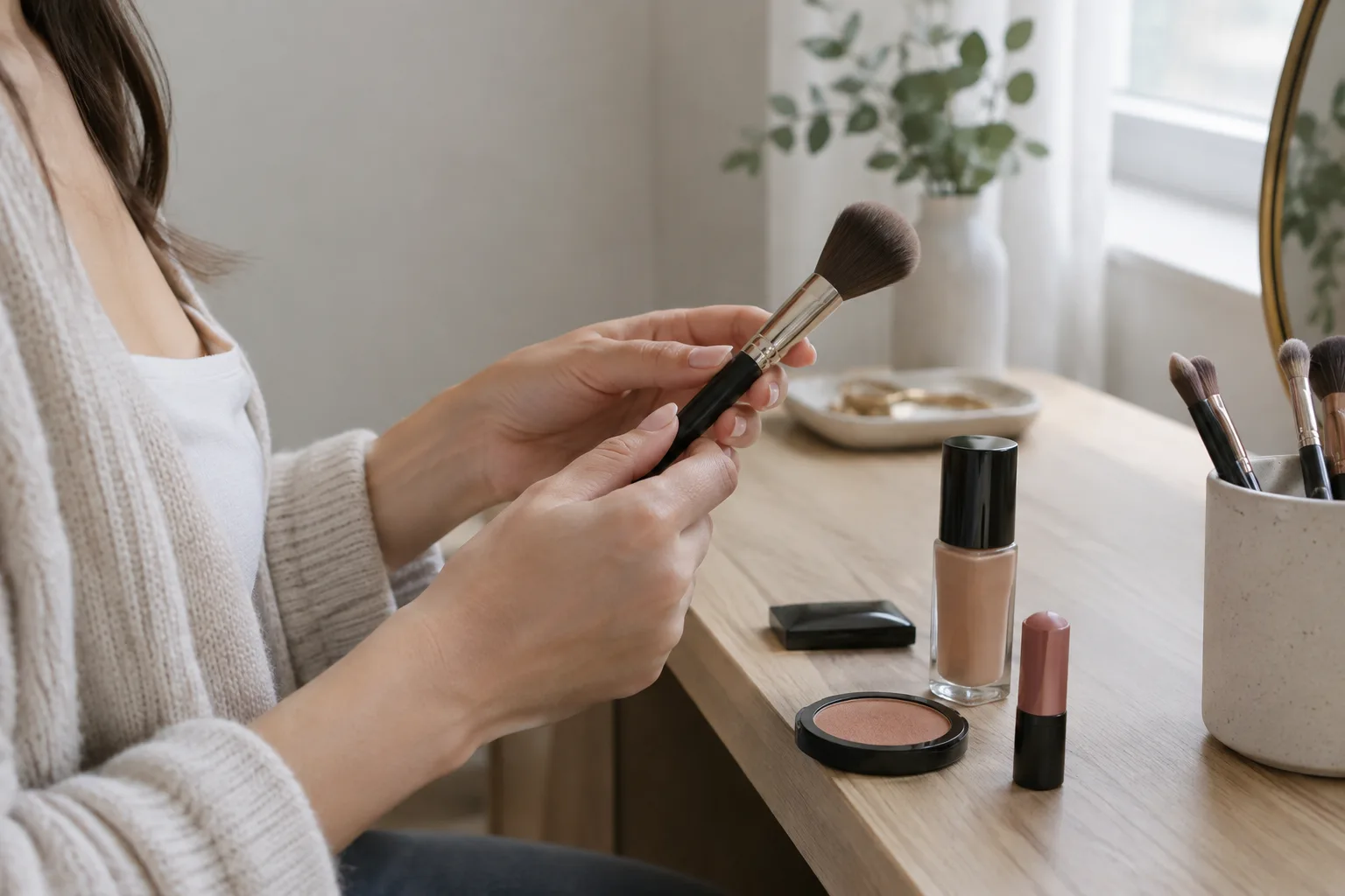 Une main tient un pinceau près de quelques produits de maquillage posés sur une coiffeuse.