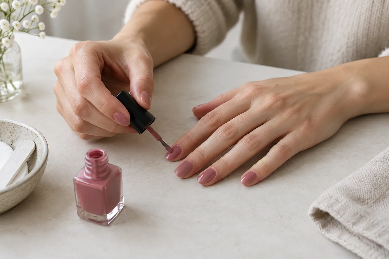 Des mains posées sur une table pendant l’application d’un vernis rose discret.